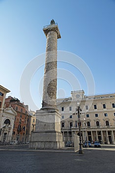 The Column of Marcus Aurelius in Piazza Colonna, Rome, Italy.