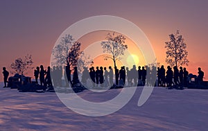 Column of migrants crossing desolate and snow-covered lands in the night. Silhouette. Refugees and immigrants