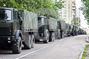 A column of military trucks. Independence Day, parade Minsk, Belarus.