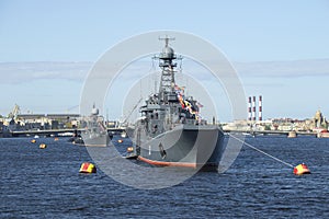 A column of military vehicles in the parade in honor of Victory Day. St. Petersburg