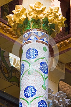 Column in modernist style in Palau de la Musica Catalana, Barcelona, Spain