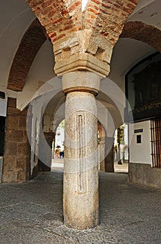 Column named measuring stick (Vara de Medir) the Plaza Chica, Zafra, province of Badajoz, Extremadura, Spain photo