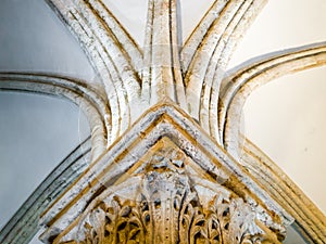 Column in the room of the last supper upper room in th Abbey of Dormition Church of the Cenacle on mount Zion, Jerusalem, Isra