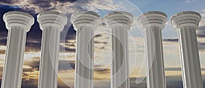 Column in a row, colonnade on sky at sunrise background. 3d illustration