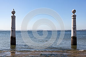 Column`s pier Cais das Colunas at river Tejo banks in Lisbon, Portugal