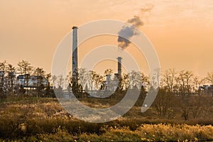 Column of smoke rising from tall white smokestack