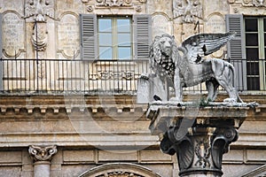 Column with the statue of a lion on Piazza delle Erbe. Verona