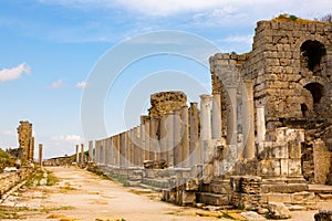 Column Street in Perge. Ruins of the ancient city. The main street of Perge