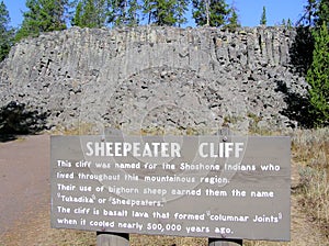 Columnar basalt with explanatory sign in Yellowstone National Park