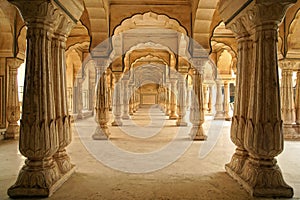 Columned hall of Amber fort. Jaipur, India