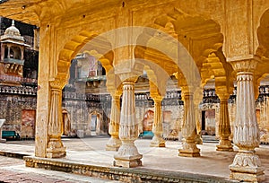 Columned hall of Amber fort. Jaipur, Rajasthan, India