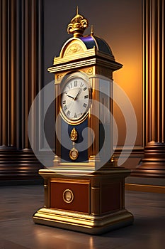 In the columned hall there is a floor-standing retro clock in a wooden case.