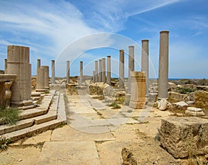 Columns against blue sky at ancient Roman ruins of Leptis Magna on the Mediterranean coast of Libya in North Africa