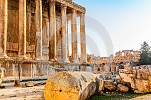 Columns of ancient Roman temple of Bacchus with surrounding ruins of ancient city, Bekaa Valley, Baalbek, Lebanon