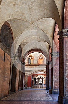 Columns and arcades typical of the city downtown of Bologna. Italy