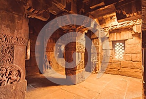 Columns of architecture landmark, Hindu temple in Pattadakal, India. Stone carved temples of 7th and 8th-century.