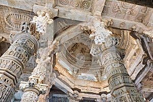 Columns of beautiful Ranakpur Jain temple in Ranakpur, Rajasthan. India