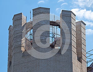 Columns of the Belfry Under Construction of the Building of the Russian Orthodox Church, Inside There Are Demountable Scaffolding