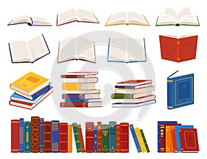 Columns of books to read. Nabi literature, dictionaries, encyclopedias. Books on the shelves. Vector illustration