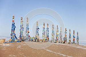 Columns on Cape Burhan. Shamanism. Lake Baikal landscape