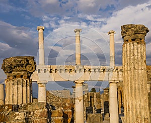 Columns and capitals in the ancient city of Pompeii, Naples, Italy