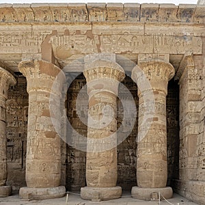 Columns with capitals and reliefs on the left side of the first court of his Mortuary Temple.