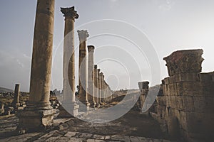 Columns of the cardo maximus, Ancient Roman city of Gerasa of Antiquity , modern Jerash, Jordan