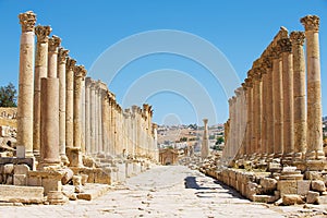 Columns of the Cardo Maximus in the ancient roman city of Gerasa modern Jerash in Jordan.