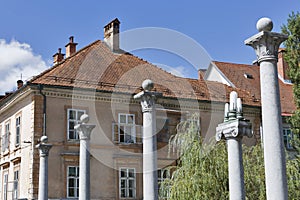 Columns of Cobbler Bridge in Ljubljana, Slovenia.