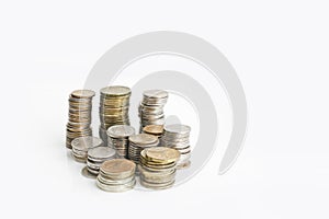 Columns of coins of Russian rubles. Outdated Russian currency. Double-headed eagle on the back of coins.