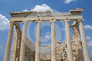 The columns of the Erechtheion in the Acropolis of Athens, Greece