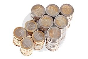 Columns of euro coins in shape of arrow up