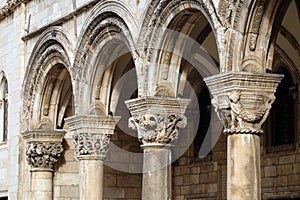 Columns and exterior of the Duke`s Palace Knezev dvor in Dubrovnik