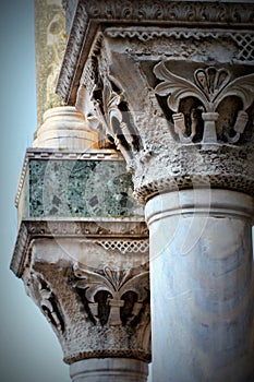 The columns on the exterior of the Saint Mark Basilica on San Marco square in Venice, Italy