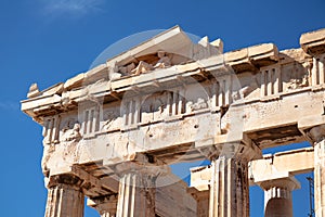Columns and frieze of the Parthenon at Acropolis in Athens, Greece