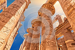 Columns of the Great Hypostyle Hall in Karnak Temple at sunset, Luxor, Egypt