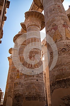 Columns in Great Hypostyle Hall at the Temple of Karnak ancient Thebes. Luxor, Egypt