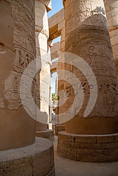 Columns in Great Hypostyle Hall at the Temple of Karnak ancient Thebes. Luxor, Egypt