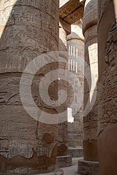 Columns in Great Hypostyle Hall at the Temple of Karnak ancient Thebes. Luxor, Egypt