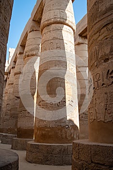 Columns in Great Hypostyle Hall at the Temple of Karnak ancient Thebes. Luxor, Egypt