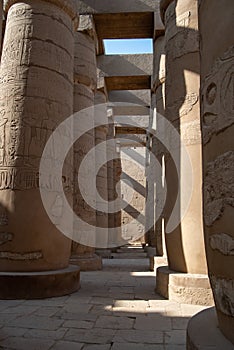 Columns in Great Hypostyle Hall at the Temple of Karnak ancient Thebes. Luxor, Egypt
