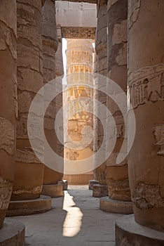 Columns in Great Hypostyle Hall at the Temple of Karnak ancient Thebes. Luxor, Egypt