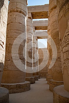 Columns in Great Hypostyle Hall at the Temple of Karnak ancient Thebes. Luxor, Egypt