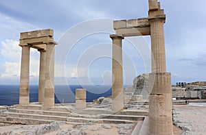 Columns of the Hellenistic stoa. Acropolis of Lindos. Rhodes, Greece.