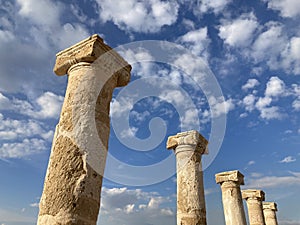 Columns of the House of Theseus, Roman villa ruins at Kato Paphos Archaeological Park in the sky background