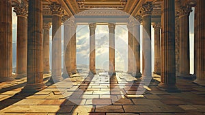 Columns inside Ancient temple, interior of old building in Greece, hall of classical Greek or Roman house overlooking sky. Theme