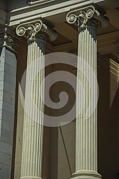 Columns with Ionic capitals on the facade of building in Madrid