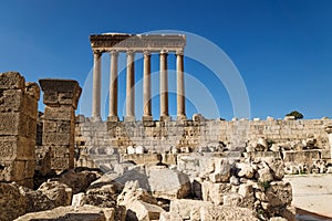 The columns of the Jupiter Tempel of Baalbek on deep blue sky, Lebanon