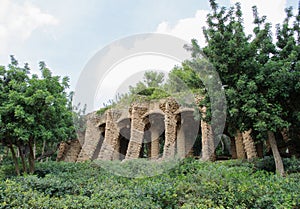 Columns in Park Guell designed by Antoni Gaudi in Barcelona Spain