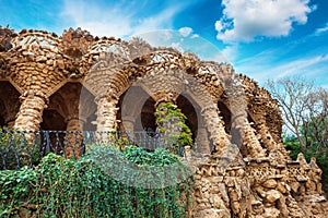 Columns in Park Guell designed by Antoni Gaudi in Barcelona, Spain